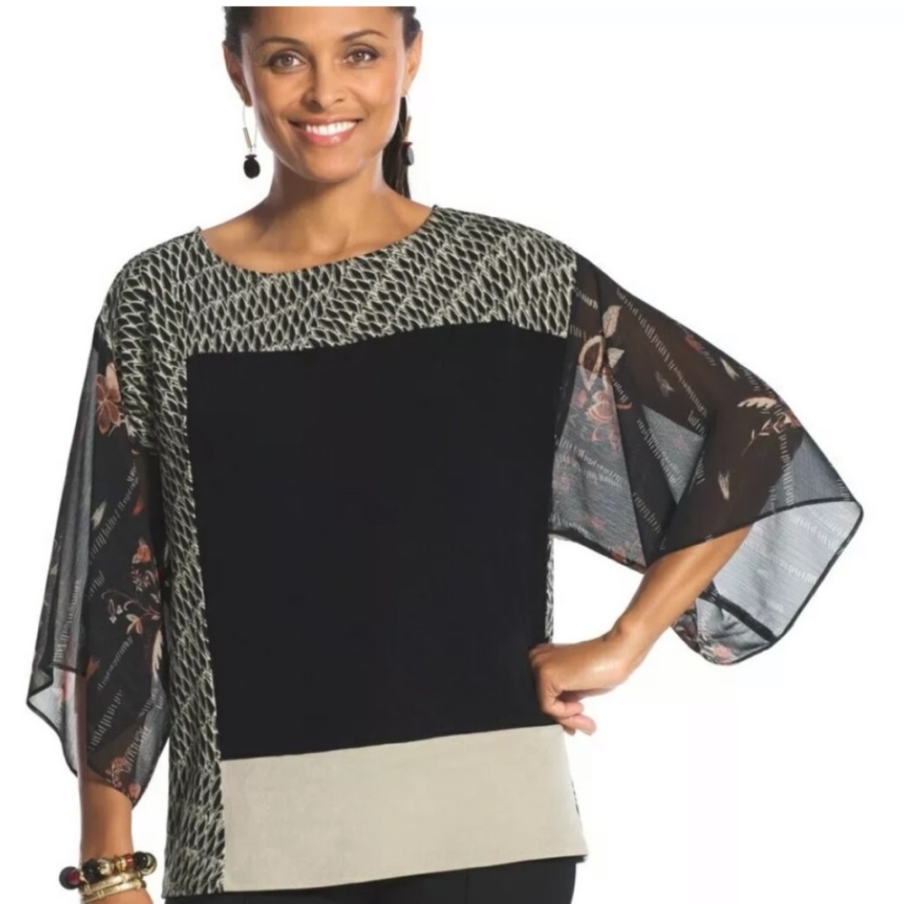 Chicos travelers black tan tunic top with floral kimono sleeve mixed print